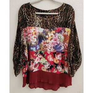 Calesas Multi-Colored Animal Print Floral 3/4 Sleeve Plus Size Top Blouse sz 1X
